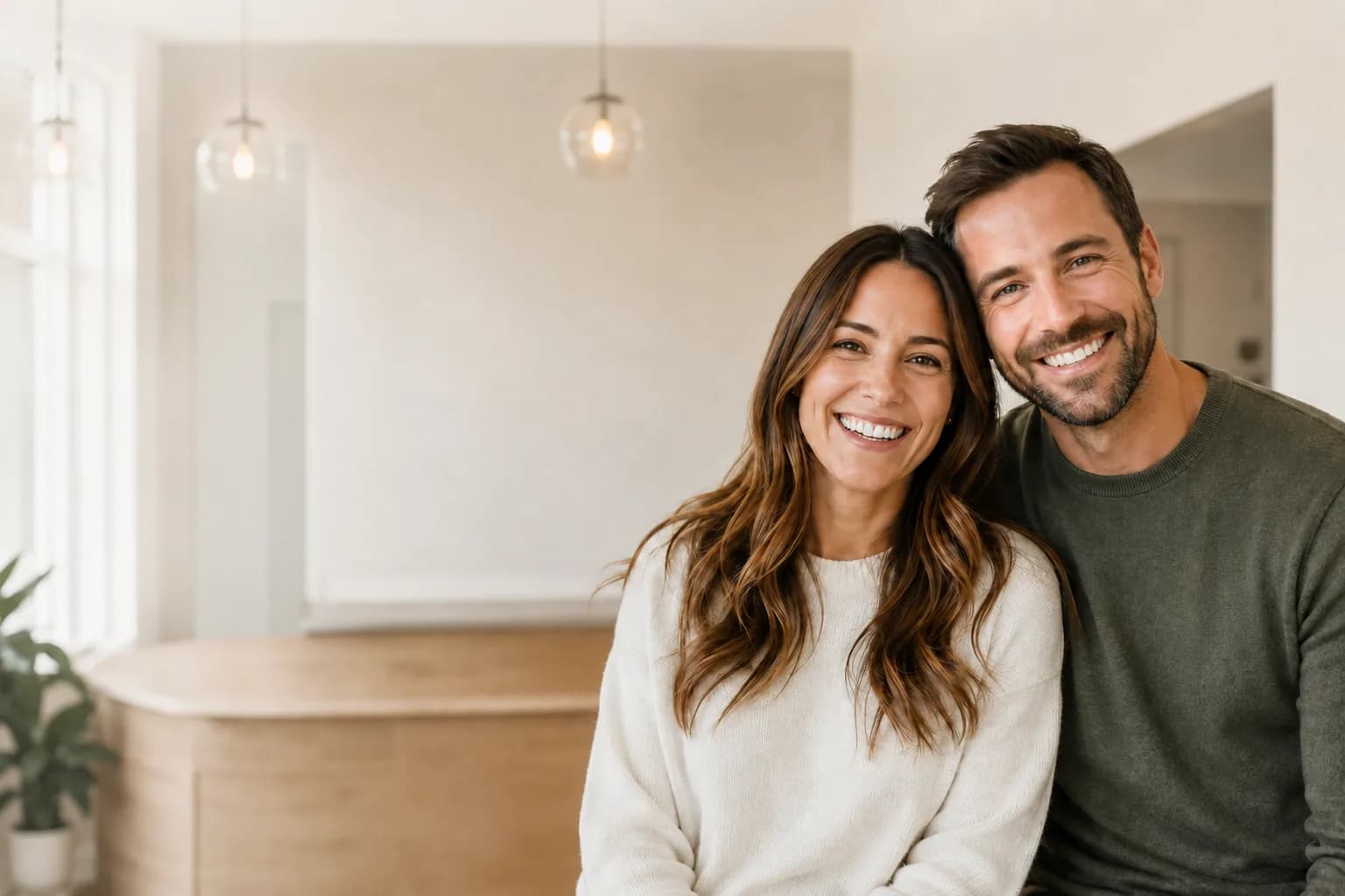 A relaxed couple smiling in soft Bend, Oregon light