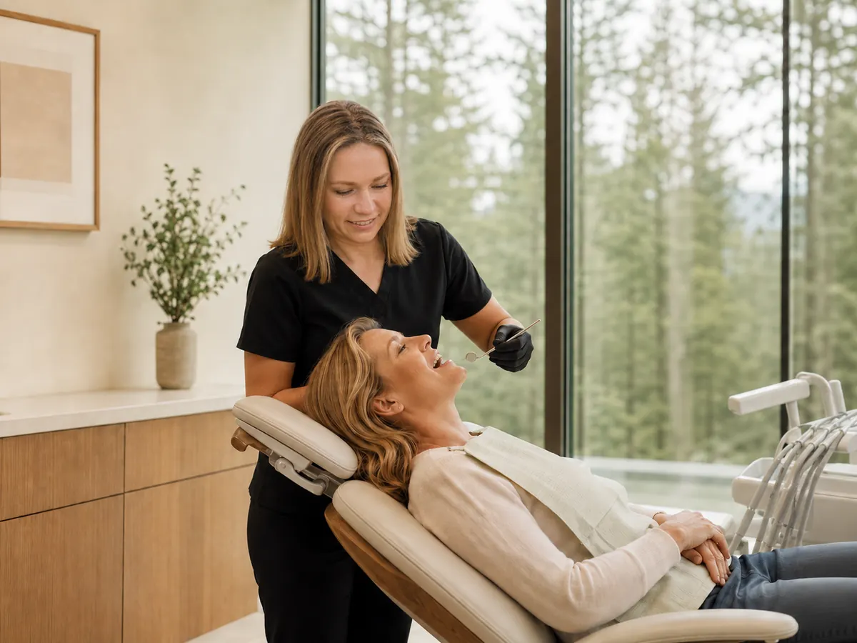 A dental hygienist at Living Dental Health caring for a patient in the cleaning chair